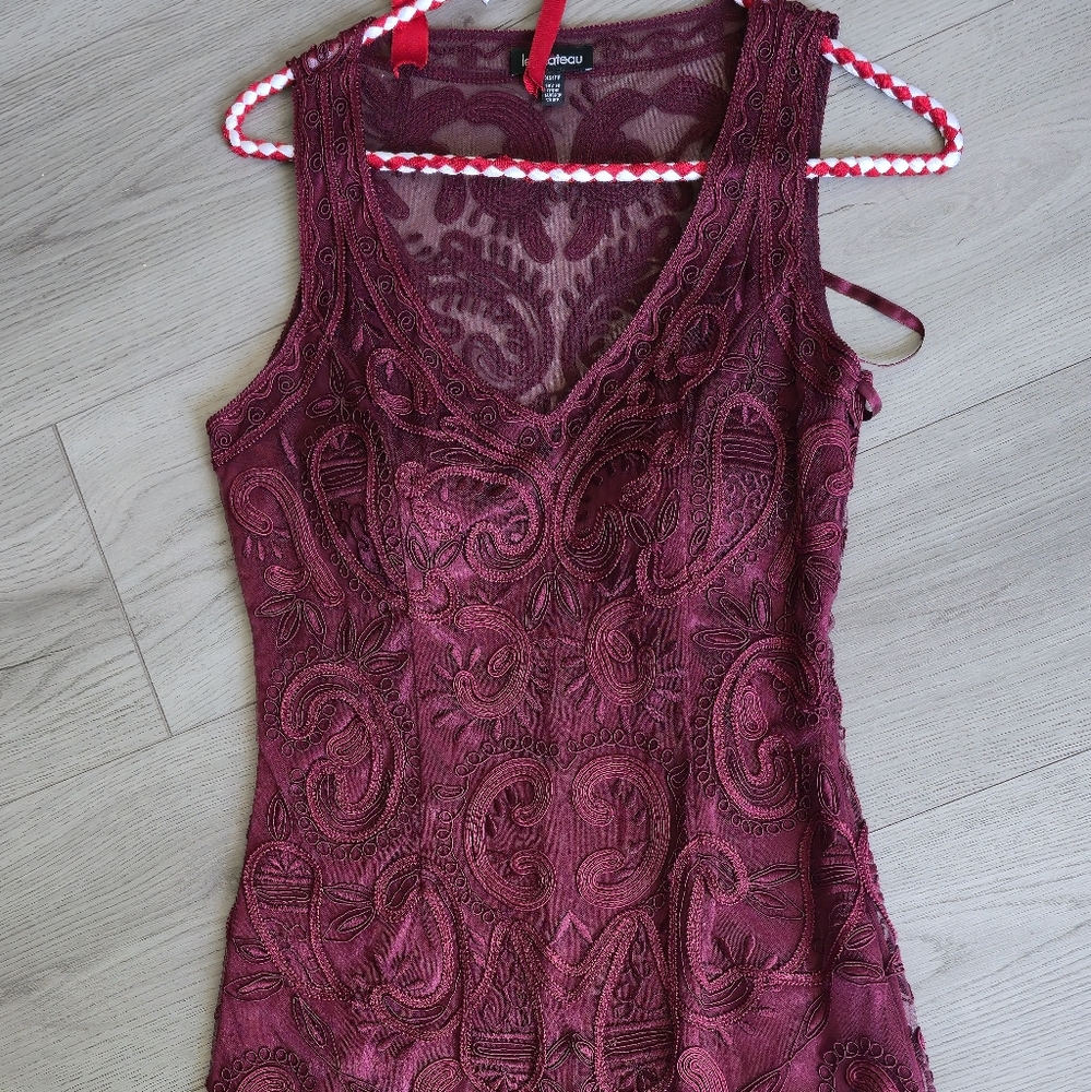 Le Chateau Rich Burgundy Lace Mini Dress